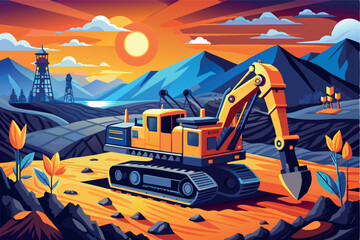 Naklejka premium Excavator, works by moving earth or digging. Working in a quarry, mining. energy and dynamics of heavy machinery