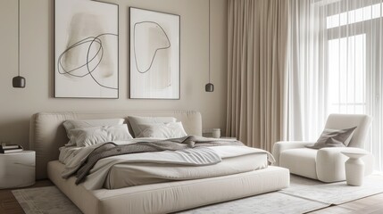minimalist bedroom with clean lines, a neutral color palette, and soft textures to create a serene and restful space