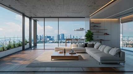 Fototapeta premium The stylish urban apartment boasts an open floor plan and panoramic city view, with a wide panoramic view of the modern interior and balcony overlooking the cityscape.
