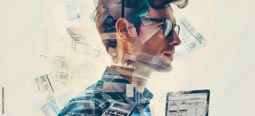 Poster the image shows a man wearing glasses and a casual shirt. he is looking at a laptop. there are many 