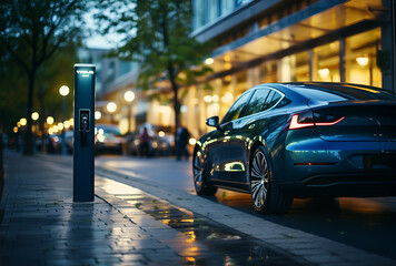 Aerial top view image of progressive green energy-powered charging station, electric vehicle at public car park with EV car concept for alternative transportation and energy infrastructure.