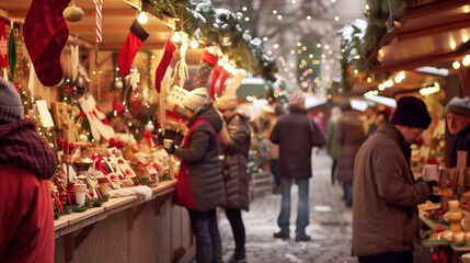 A lively Christmas market with handmade crafts, warm drinks, and treats creates festive holiday cheer.