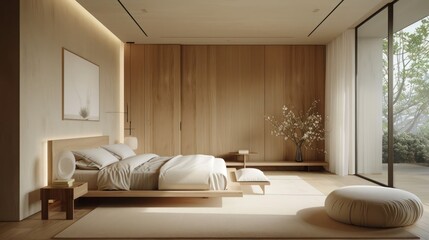 minimalist bedroom with clean lines, a neutral color palette, and soft textures to create a serene and restful space