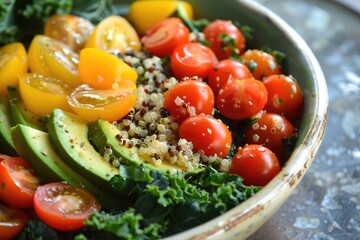 A vibrant salad with quinoa, kale, cherry tomatoes, and avocado