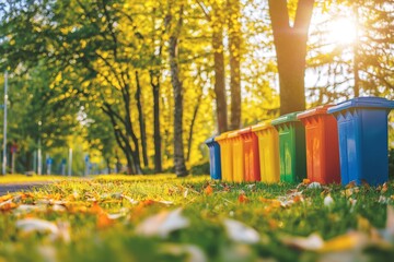 Fototapeta premium A row of eco-friendly trash cans. The sun shines and illuminates the garbage box, creating a beautiful scene symbolising the concept of environmental protection, renewables, and recycling. 