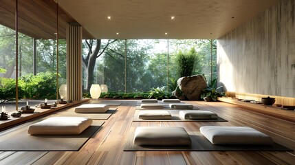 A minimalist meditation room with natural light, featuring an open space and wooden floors, adorned with multiple yoga cushions arranged in rows on the floor.