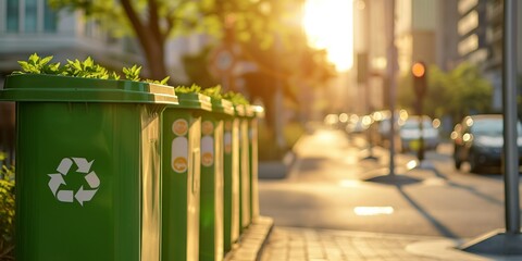 A row of eco-friendly trash cans. The sun shines and illuminates the garbage box, creating a beautiful scene symbolising the concept of environmental protection, renewables, and recycling. 
