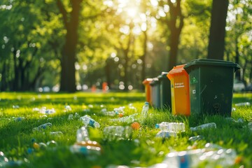 A row of eco-friendly trash cans. The sun shines and illuminates the garbage box, creating a beautiful scene symbolising the concept of environmental protection, renewables, and recycling. 