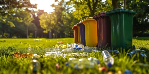 Fototapeta premium A row of eco-friendly trash cans. The sun shines and illuminates the garbage box, creating a beautiful scene symbolising the concept of environmental protection, renewables, and recycling. 