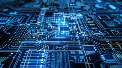 Circuit board blueprint on dark backdrop