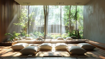 Fototapeta premium A minimalist meditation room with natural light, featuring an open space and wooden floors, adorned with multiple yoga cushions arranged in rows on the floor.