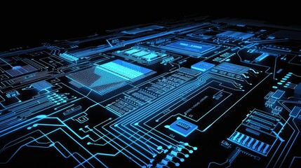 Circuit board blueprint on dark backdrop