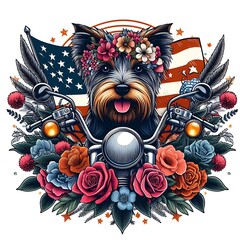 A dog design graphic with flowers on a motorcycle relevant.
