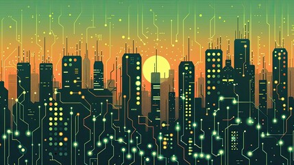 Circuit board cityscape at dusk
