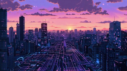 Circuit board cityscape at dusk