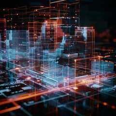 Detailed digital architectural grid featuring neon highlights and intricate design elements of urban structures