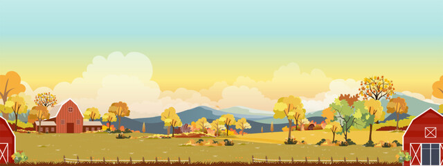 Autumn landscape with forest tree background,Seamless Pattern Fall Season Mountain,Meadow,Orange Foliage,Cloud,Yellow Sunset Sky,Nature morning sunrise grass field,maple tree,farm land in country