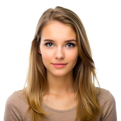 Fototapeta premium Portrait of a young woman with long blond hair, wearing a casual beige top, isolated on white background, looking confidently at the camera.
