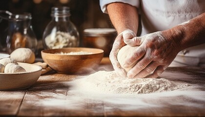 Fototapeta premium Closeup of hands kneading dough on a kitchen counter, with flour dusted around and a bowl of fresh ingredients in the background, showcasing the art of home baking