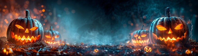 Spooky jack-o'-lanterns glow in a misty Halloween scene.