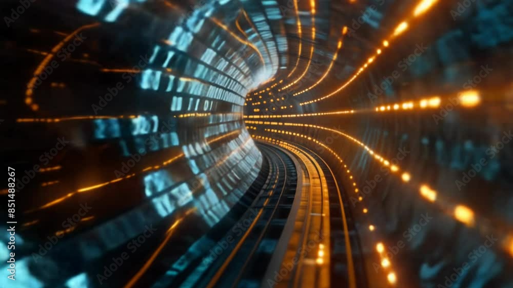 Poster digital data stream of numbers and letters in the dark tunnel with glow, futuristic background for t