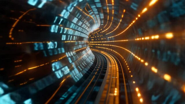 Digital data stream of numbers and letters in the dark tunnel with glow, futuristic background for technology concept