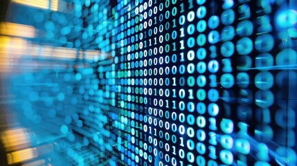 Close-up of a computer monitor displaying binary code and data streams