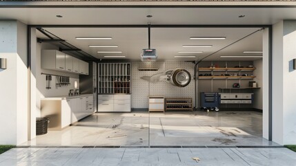 minimalist garage conversion with sleek storage solutions, a workshop area, and clean lines for a modern, functional space