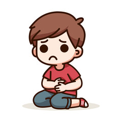 cute kid feel sick on the stomach cartoon character vector illustration template design