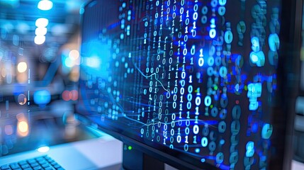 Close-up of a computer monitor displaying binary code and data streams
