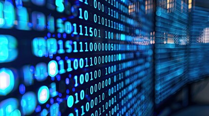 Close-up of a computer monitor displaying binary code and data streams