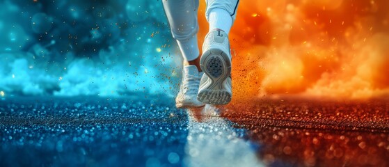legs and shoes of a person running down asphalt road blue and orange smoke in background victory finish