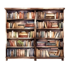 Watercolor of Wooden Bookshelf Filled with Diverse Books