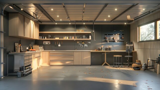 minimalist garage conversion with sleek storage solutions, a workshop area, and clean lines for a modern, functional space