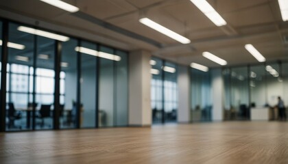 Blurred empty open space office. Abstract light bokeh at office interior background. generative ai