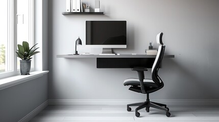 minimalist home office with a floating desk, ergonomic chair, and monochrome color scheme for a clean and focused workspace