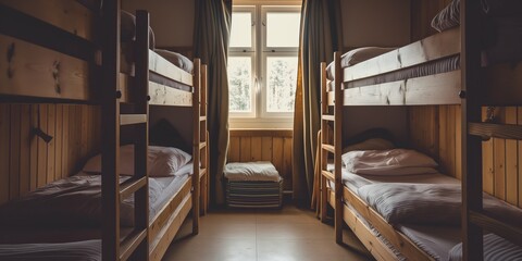 A modern dormitory room with bunk beds, cozy bedding, and comfortable furniture.