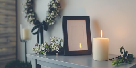Funeral setup featuring a photo frame, candle, and floral wreath with black ribbon.