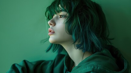 Portrait of a Young Woman with Green Hair in a Green Hoodie Against a Green Background