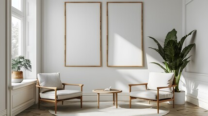 A realistic mockup of two blank wooden frames hanging on the wall in an elegant living room with white walls, cozy armchairs and coffee table.