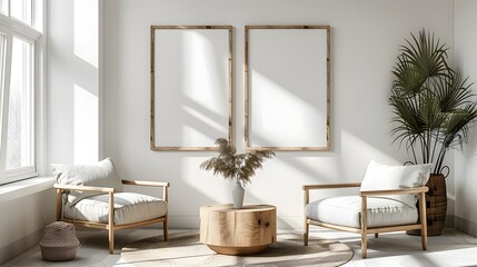 A realistic mockup of two blank wooden frames hanging on the wall in an elegant living room with white walls, cozy armchairs and coffee table.