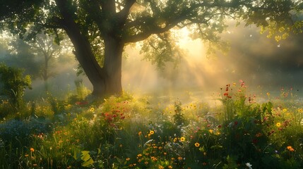 Obraz premium A serene meadow bathed in the soft glow of sunrise, with sunlight filtering through ancient trees and mist rising from dew-kissed grasses.