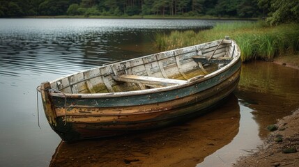 Obraz premium A weathered wooden rowboat resting on the shore of a serene brown lake.