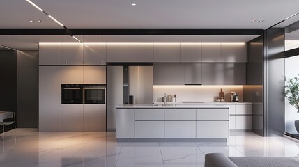 minimalist kitchen with clean lines, integrated appliances, and a monochrome color scheme for a modern look