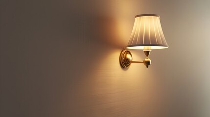 Fototapeta premium A wall lamp is on the beige walls, casting warm light in an empty room. The lamp has white shades and brass accents.