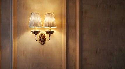 A wall lamp is on the beige walls, casting warm light in an empty room. The lamp has white shades and brass accents.