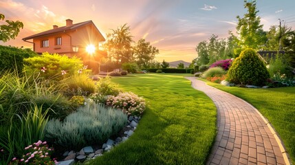Obraz premium Beautiful home garden with green grass, flower bushes and trees in sunset light. Landscape design concept. Garden landscape design with house in the background.