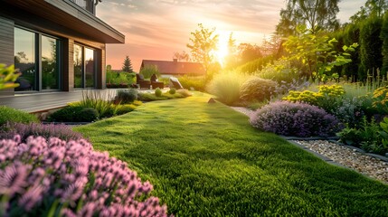 Obraz premium Beautiful home garden with green grass, flower bushes and trees in sunset light. Landscape design concept. Garden landscape design with house in the background.