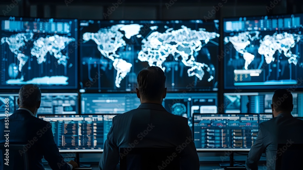 Poster cybersecurity professionals monitoring network traffic on multiple large digital displays