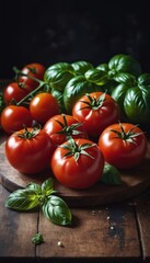 A colorful assortment of tomatoes and basil on a wooden board, emphasizing the fresh and vibrant ingredients essential for Mediterranean cuisine